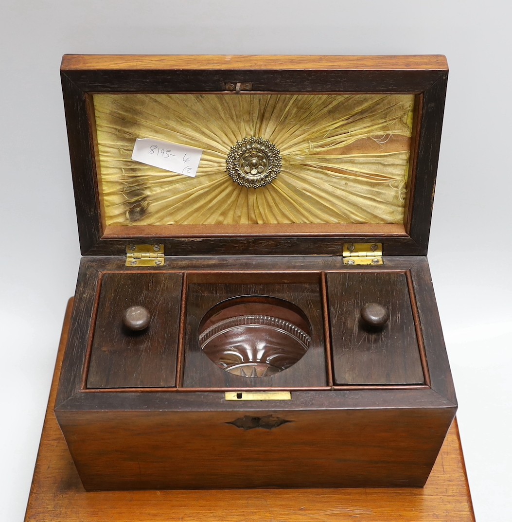 A 19th century rosewood tea caddy and a cased set of 12 plated fish servers, caddy 18cms wide x 14cms high